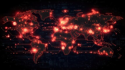 Abstract digital world map with glowing red connections and data points against a dark background