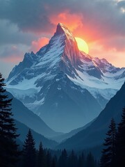 Dramatic Sunset Behind a Snow-Capped Mountain Peak