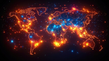 A vibrant digital map of the world illuminated by glowing connections and data points
