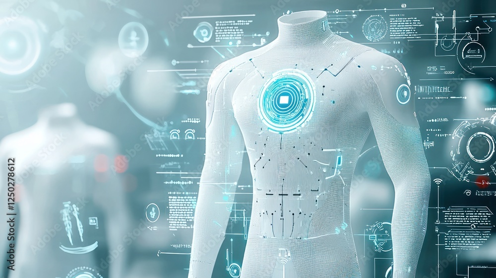 Poster a futuristic, digital representation of a humanoid figure with glowing interfaces, showcasing techno