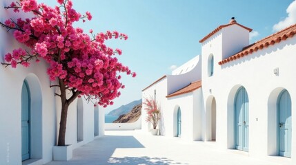 Blushing Blossom Oasis Whitewashed Architecture and Vibrant Pink Flowers Adorn a Sun-Kissed Courtyard