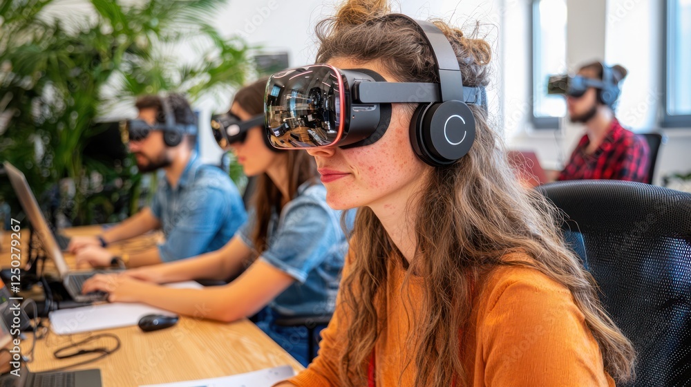 Poster a group of people wearing vr headsets while working at computers, engaged in a virtual reality exper