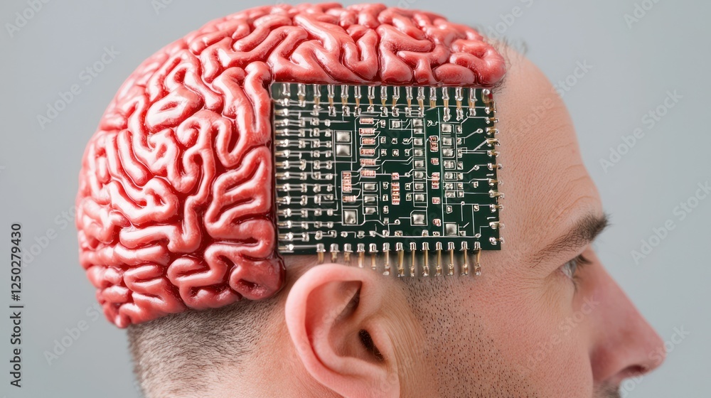 Poster a surreal image featuring a human head with a brain and a computer chip integrated, symbolizing the 