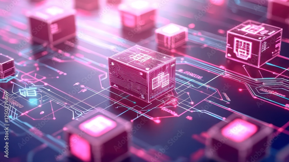 Poster a vibrant digital landscape featuring glowing circuits and cubes, symbolizing advanced technology an