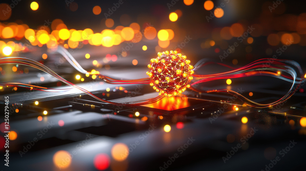 Aufkleber futuristic quantum machine learning model with glowing nodes and wires