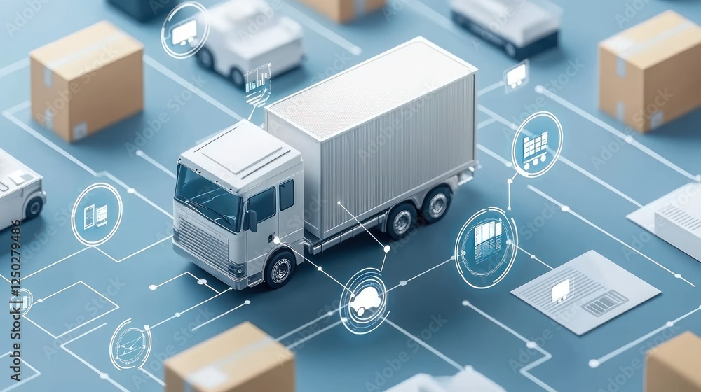 Poster a digital illustration of a truck navigating through a network of boxes and icons representing logis