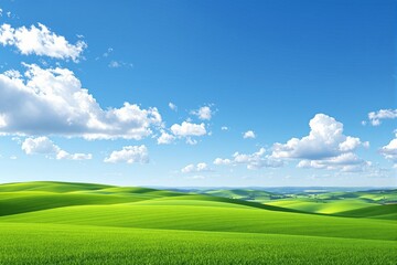 Obraz premium Lush green rolling hills under a blue sky with fluffy clouds, creating a peaceful landscape background. Concept of nature, tranquility, and serenity. Ai generative