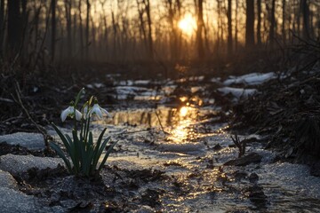 Obraz premium Delicate Snowdrops Emerging from Winter Ice at Sunrise