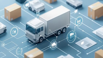 A digital illustration of a truck navigating through a network of boxes and icons representing logistics, delivery, and transportation technologies.