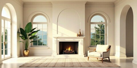 Serene Living Room with Fireplace and Arch Windows Offering a Peaceful View
