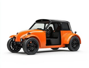 Orange retro-style electric microcar with open door.
