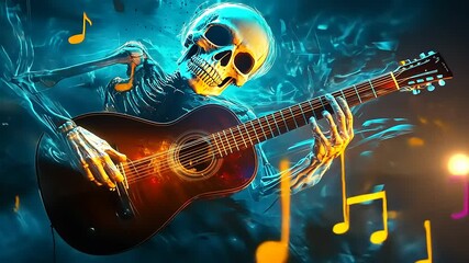 Skeleton Playing Guitar in Vibrant, Abstract Musical Setting - Powered by Adobe