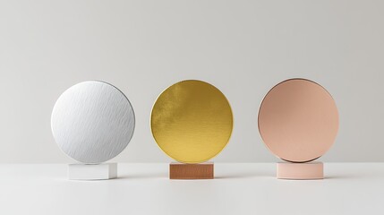 Gold, Silver, and Bronze Trophies: First, Second, and Third Place Medals Isolated on White Background