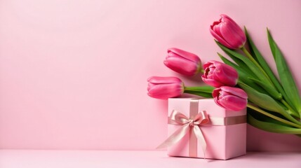 Fototapeta premium Pink tulips and a pastel gift box on a pink background, a lovely springtime scene perfect for greeting cards or special occasion announcements.