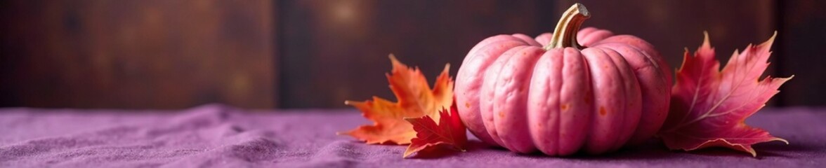 Shiny pink pumpkin on a table with purple cloth, harvest decor, fall flowers