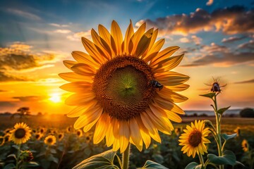 Obraz premium Silhouette of Bees on a Giant Sunflower at Sunset