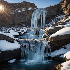 A frozen waterfall cascading down a rocky mountain face, sparkling in the winter sunlight.