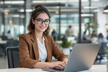 Smiling businesswoman wearing glasses and brown blazer working on laptop in modern office with blurred colleagues in background. Concept of professional success. Ai generative