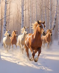 A group of horses through snow surrounded by white trees
