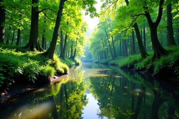 River flowing through a tranquil forest clearing, trees, calm, river