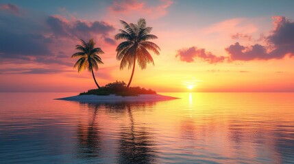 Serene sunset over a tropical island with palm trees reflecting in calm waters