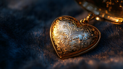 Naklejka premium Detailed ornamental heart-shaped locket resting on a soft, textured fabric background.