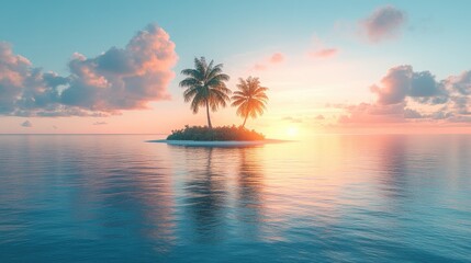 Serene tropical island at sunset with palm trees and calm waters reflecting pastel skies