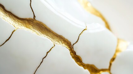 Kintsugi Wallpaper Image: White Ceramic with Gold Liquid, Close-Up Japanese Pottery Art