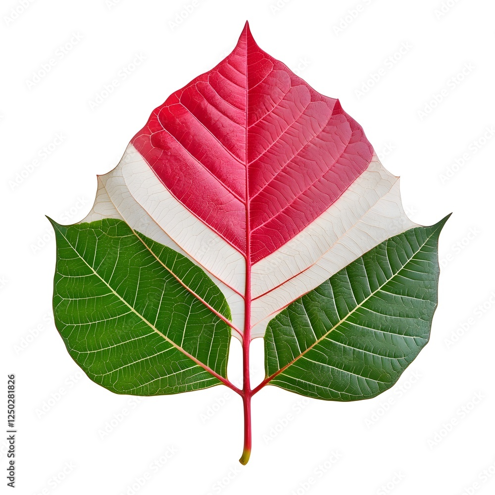 Poster vibrant multicolored leaf with distinct segments of red, white, and green showcasing nature's intric