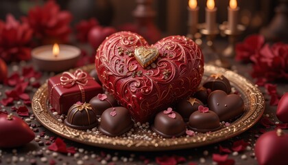 pink Heart shaped candies box, gift and chocolate on a table with red and pink decorations for Valentine's Day celebration