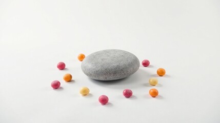 Smooth gray stone centered on a white surface, surrounded by small colorful candy