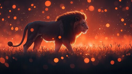 Majestic lion walking through a glowing landscape at dusk, surrounded by shimmering particles