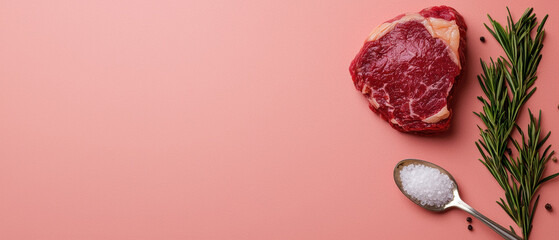 A spoonful of Himalayan salt beside a juicy beef steak, Fresh cut of meat with rosemary and salt on a pastel background, perfect for culinary design and food-related projects.