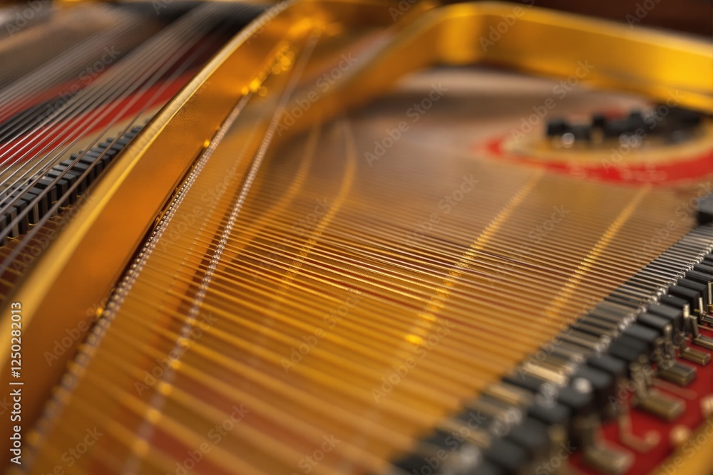 Poster detailed view of piano strings and tuning pins inside a grand piano, showing metallic textures and r