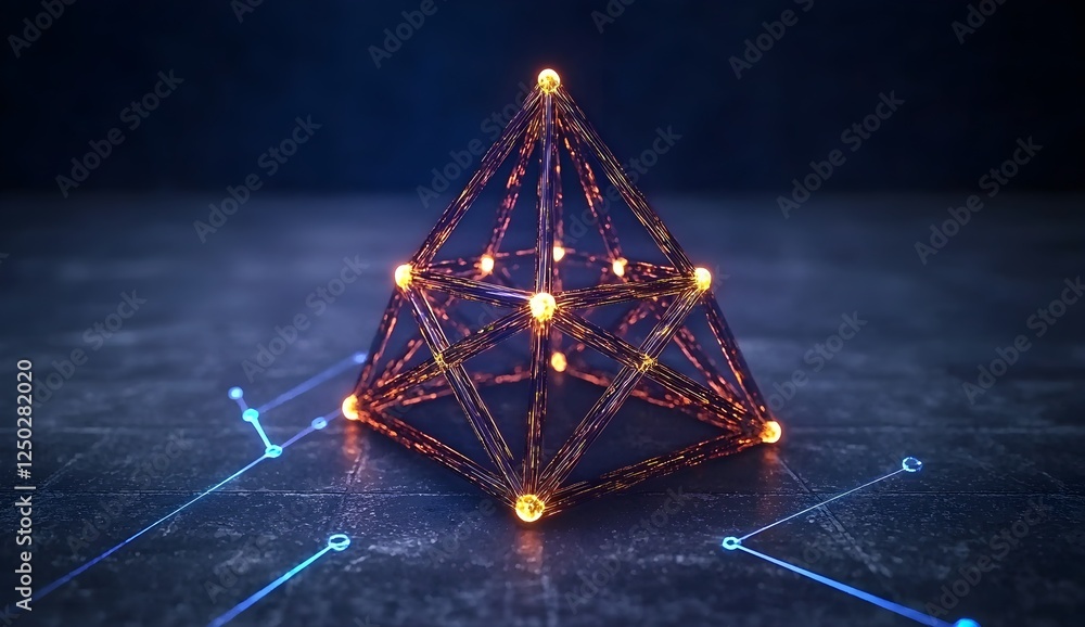 Poster illuminated geometric pyramid with glowing edges and intricate wireframe design on dark background i