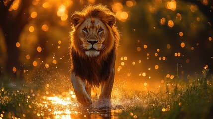 Majestic lion walking through shimmering water at sunset, surrounded by glowing nature