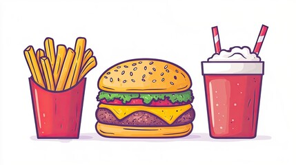 Colorful illustration of a burger with fries and a drink, showcasing a classic fast food meal