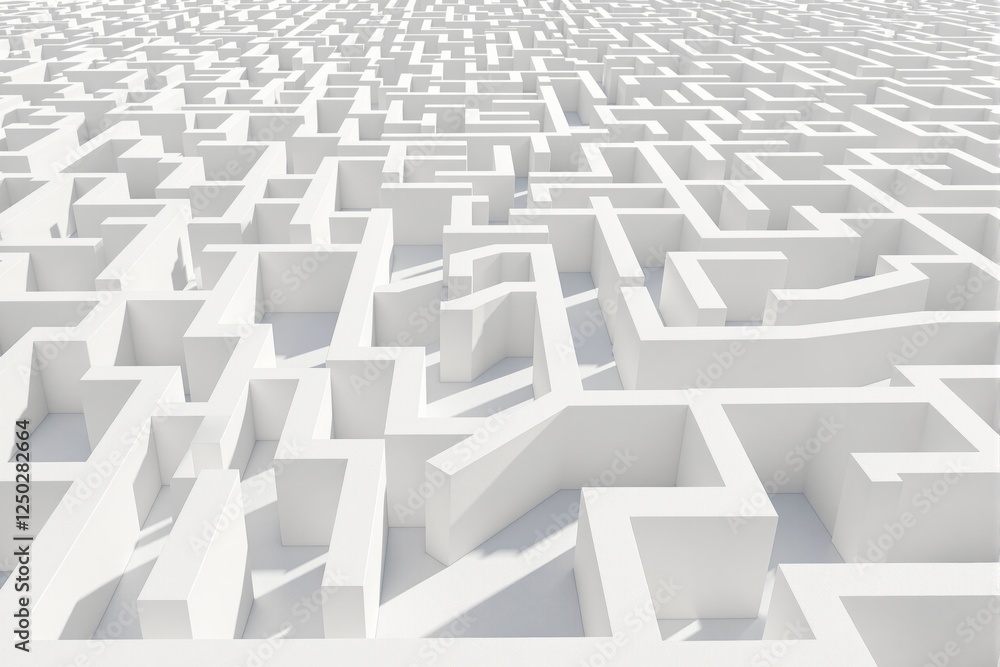 Poster endless white maze with intricate pathways and high walls, casting soft shadows. minimalistic style 
