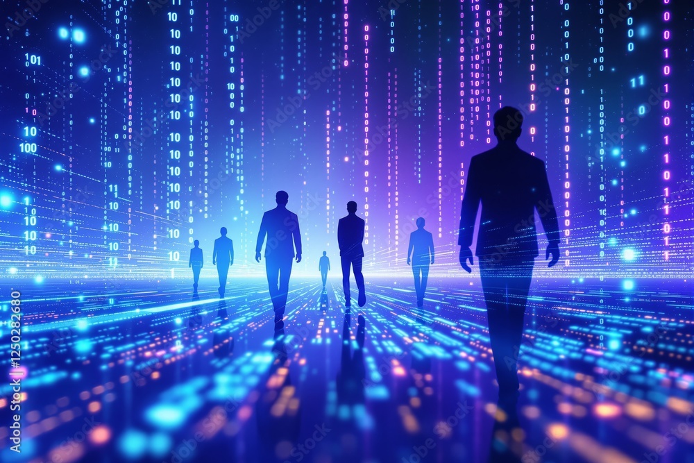 Poster silhouettes of business people walking in a futuristic digital landscape with glowing binary code in