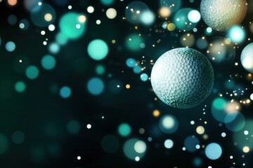 Golf balls float in festive bokeh background