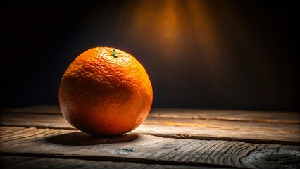 Silhouette of Single Orange on Rustic Wooden Table - Backlit Fruit Still Life