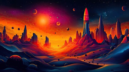 Futuristic landscape with a rocket amidst colorful planets and rocky formations under a vibrant sky