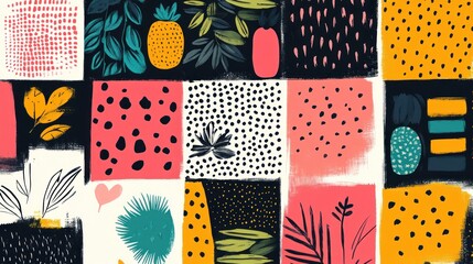 Abstract Tropical Pattern with Pineapple, Leaves and Dots, Colorful Design