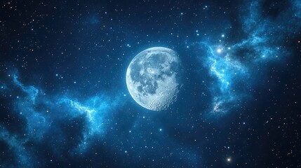 A stunning view of a full moon illuminated against a backdrop of vibrant cosmic clouds and stars