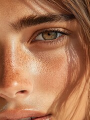 Close-up portrait of young caucasian female with freckles and natural makeup