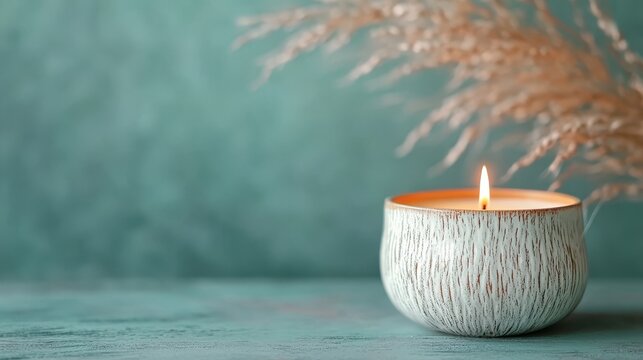 Calming Candle Dried Flowers Serene Aquamarine Background