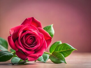 Single Red Rose with Dark Green Leaves on Pink Background - Stock Photo