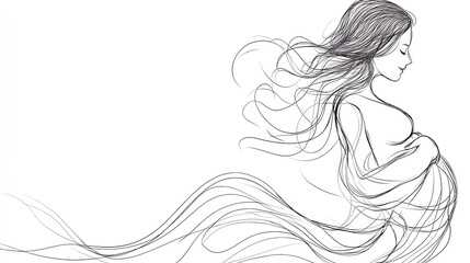 Fototapeta premium Line Art Drawing Sketch of Pregnant Lady: Black and White Continuous Lines Without Shading