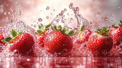 Fresh strawberries splashing into water, creating dynamic droplets against a vibrant backdrop