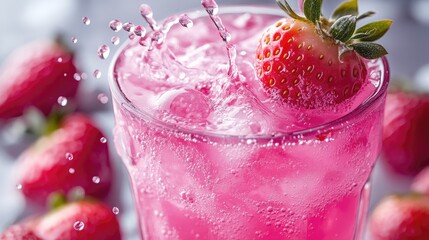 Refreshing pink beverage splashing in glass with strawberries, set on a vibrant background